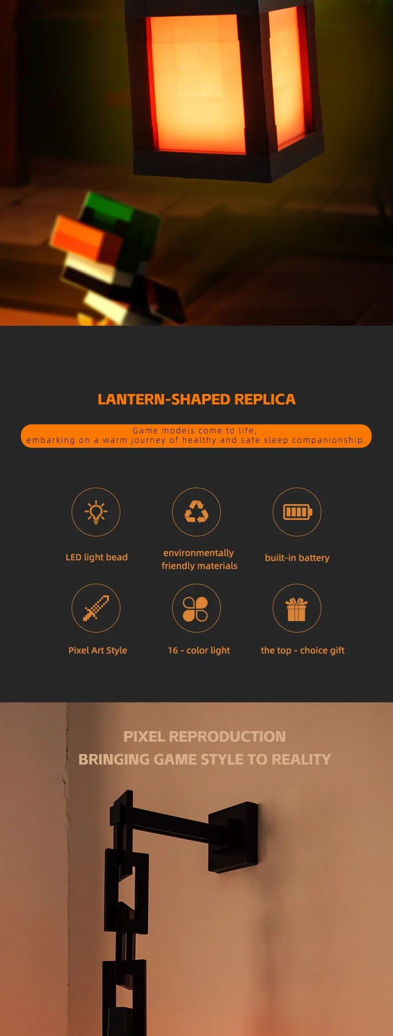 Lampe de nuit LED en forme de lanterne au style pixel art avec une lueur chaude, affichée sur un fond sombre.