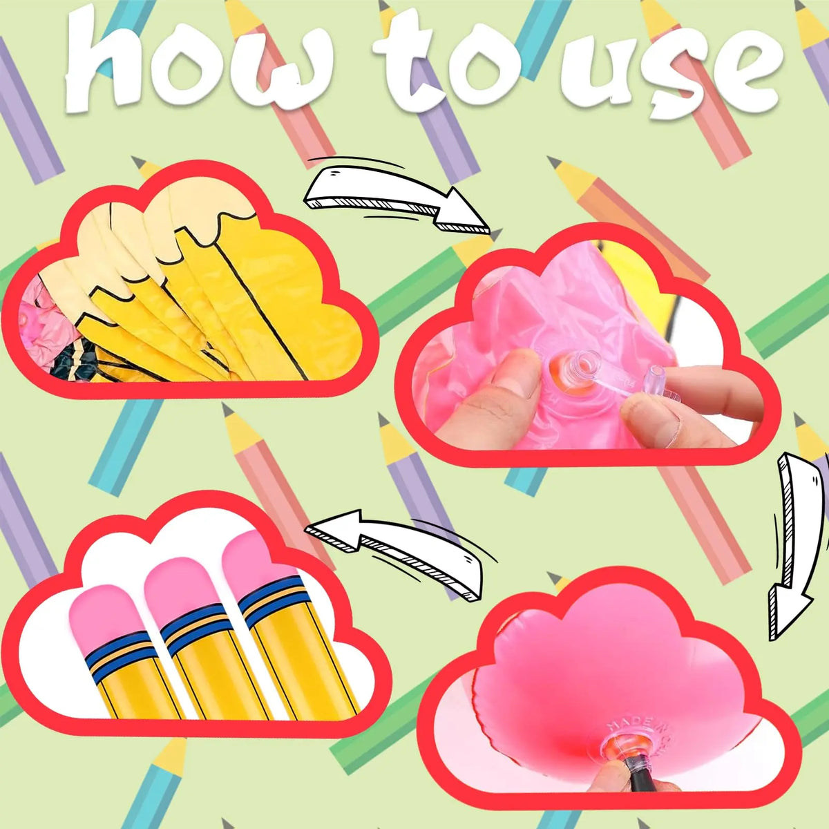 Guía para usar globos de lápiz inflables gigantes para decoración escolar y de graduación.