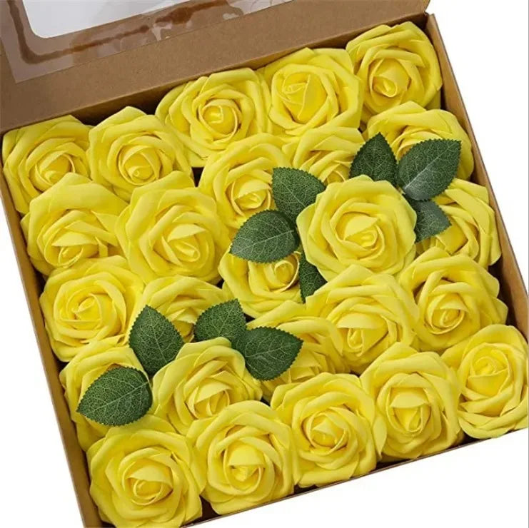 A box filled with yellow lifelike foam roses for wedding and home décor.