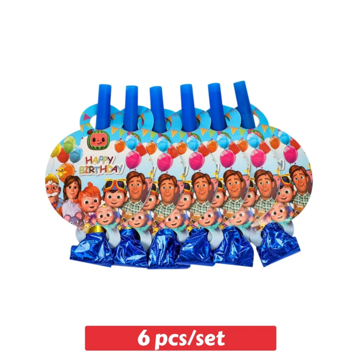 A set of six blue balloons shaped like faces and a decorative plate with smiling characters for a party kit