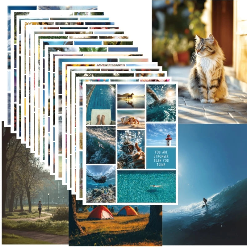A collage of inspirational images, nature scenes, and a cat sitting on a wooden surface.