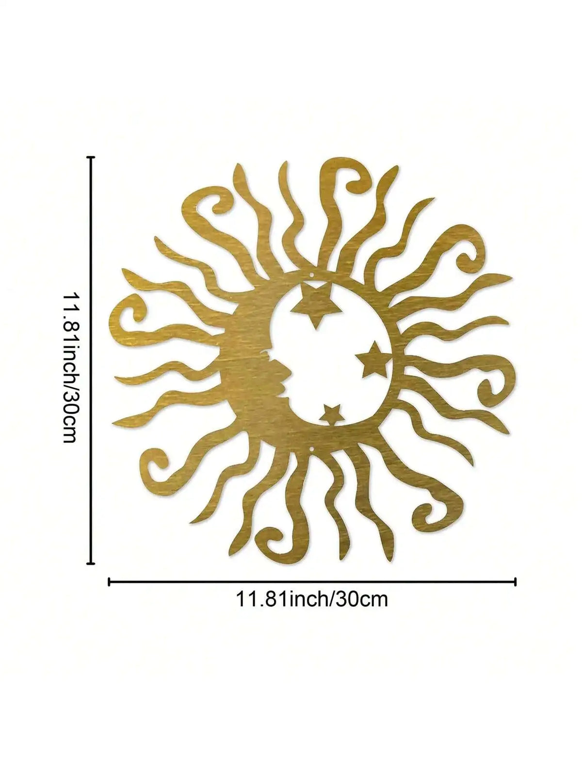 Gold metal wall art featuring a stylized sun with crescent moons and stars.