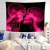 A dark pink, glowing x-ray image of two skulls on a tapestry displayed in a bedroom setting.