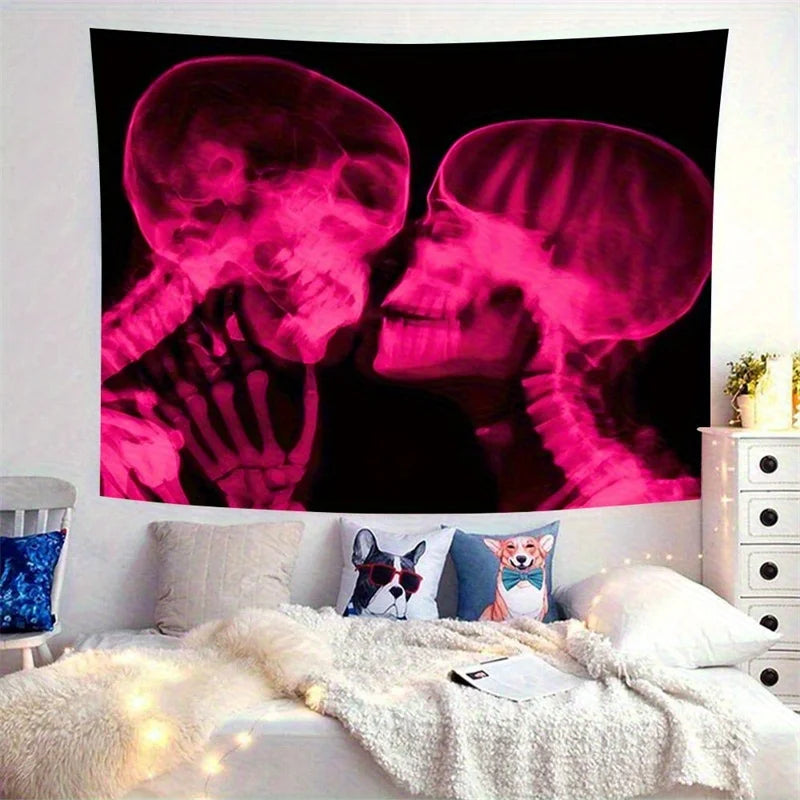 A dark pink, glowing x-ray image of two skulls on a tapestry displayed in a bedroom setting.