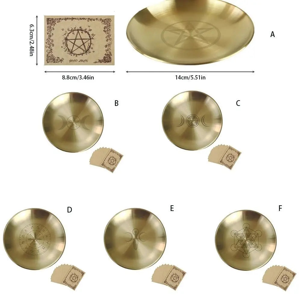 A set of five stainless steel pentagram altar plates shown in various angles and sizes.