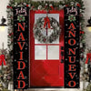 A festive Christmas door banner featuring holiday greetings and a wreath on a red door.