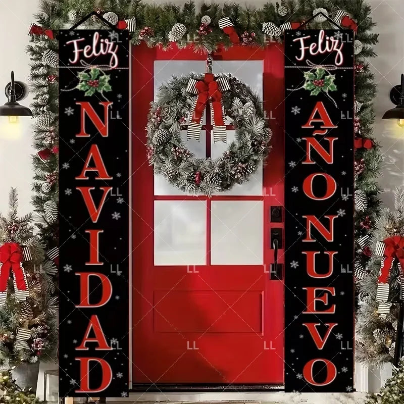 A festive Christmas door banner featuring holiday greetings and a wreath on a red door.