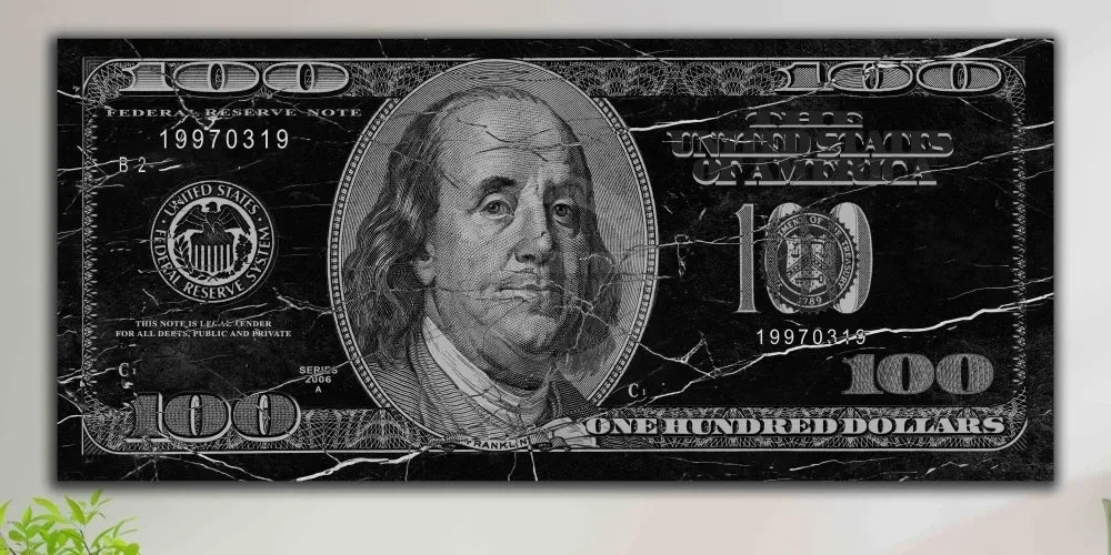 A black and white print of a 100 dollar Federal Reserve note featuring Benjamin Franklin.