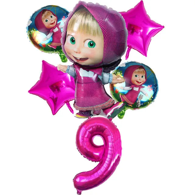 A set of pink and teal balloons and a character figure for a Masha and The Bear birthday party.