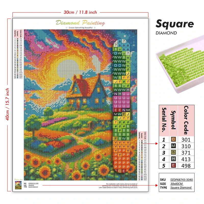 A square diamond painting kit featuring a landscape scene with numerous colored seed beads and a grid of numbered symbols.