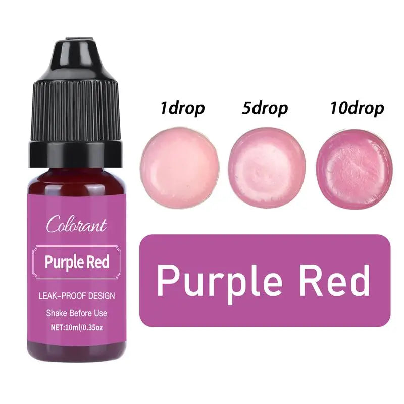 A bottle of Purple Red liquid pigment with dropper tips showing 1, 5, and 10 drops.