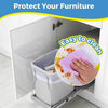 A storage drawer with a removable window film is shown inside a cabinet, emphasizing easy cleaning.