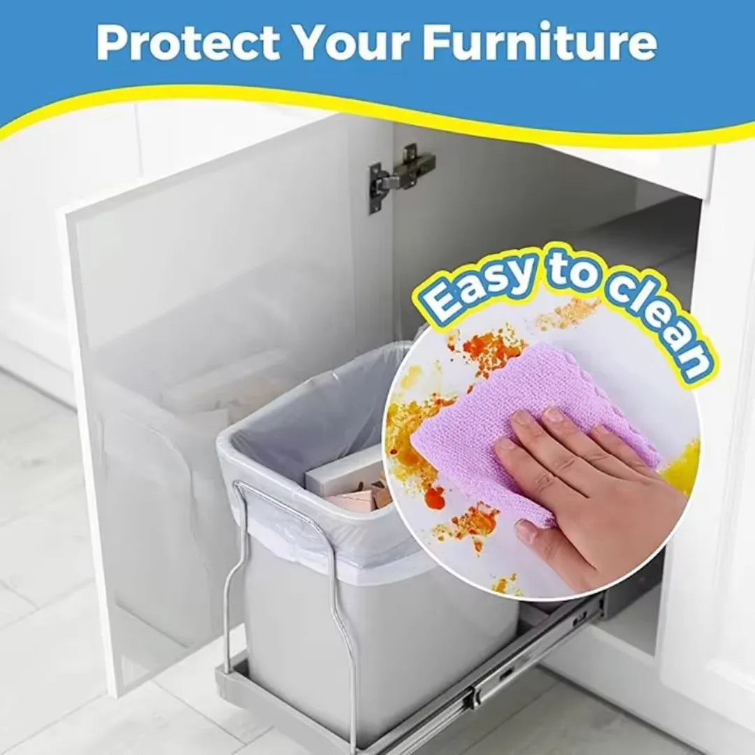 A storage drawer with a removable window film is shown inside a cabinet, emphasizing easy cleaning.