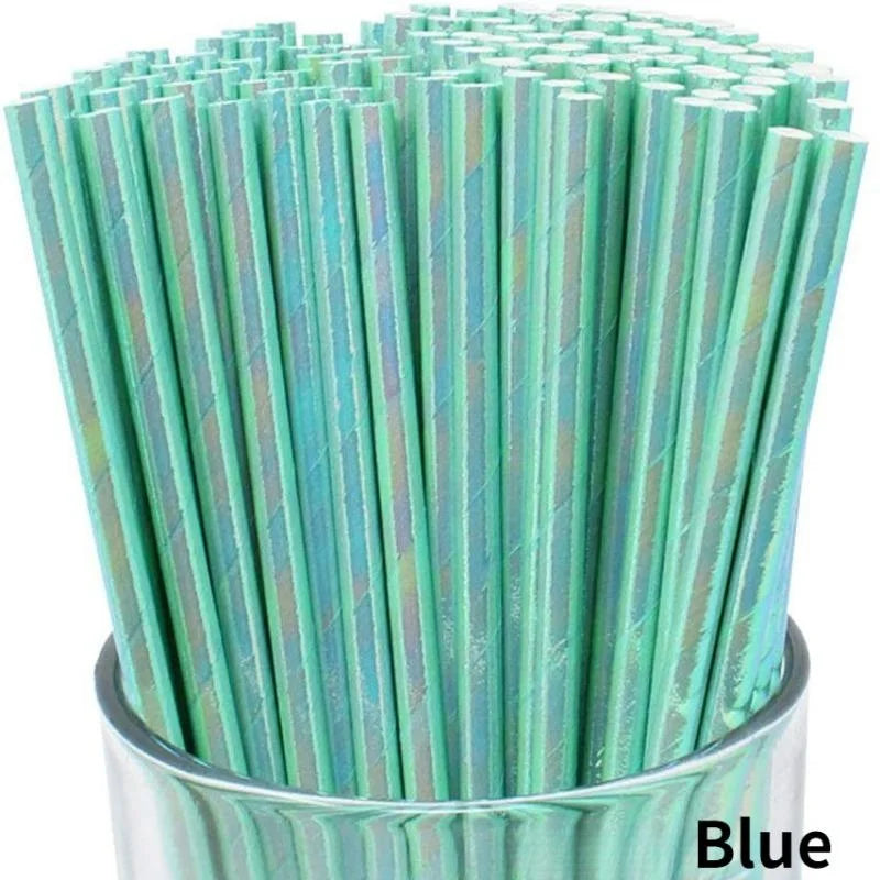 A close-up view of a pack of light blue and green biodegradable paper drinking straws in a cylindrical container.