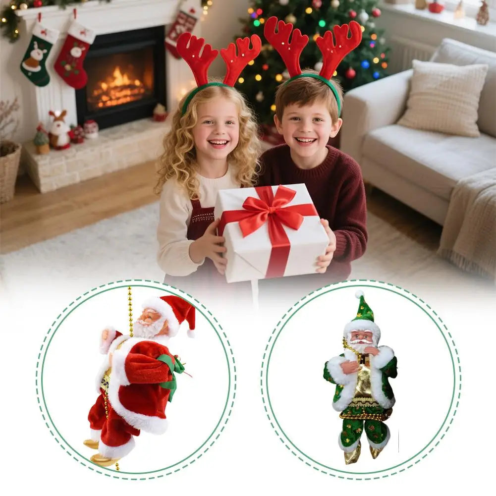Two children holding a wrapped gift in front of a fireplace with Christmas decorations.