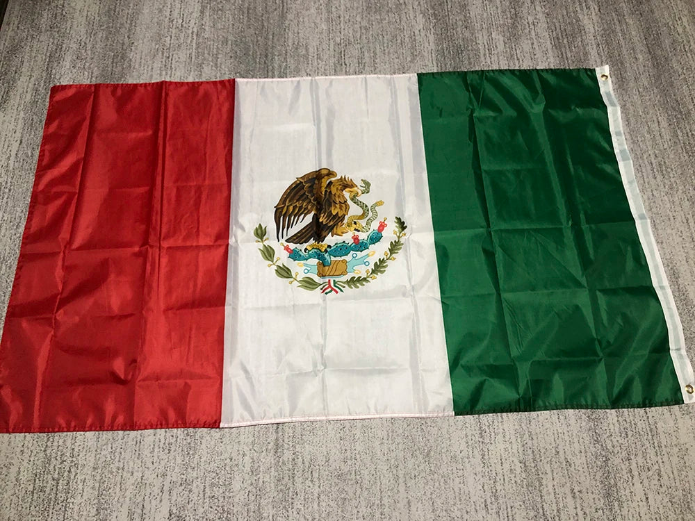 A banner displaying the flag of Mexico with its coat of arms, featuring red, white, and green panels.