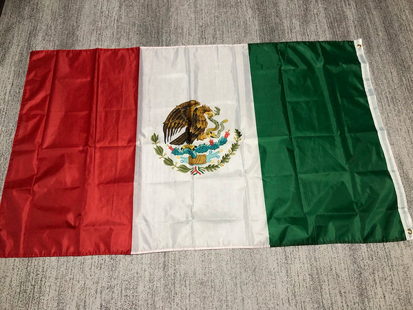 A banner displaying the flag of Mexico with its coat of arms, featuring red, white, and green panels.