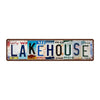 Vintage lowrider metal tin sign with the word LAKEHOUSE in distressed blue and green lettering