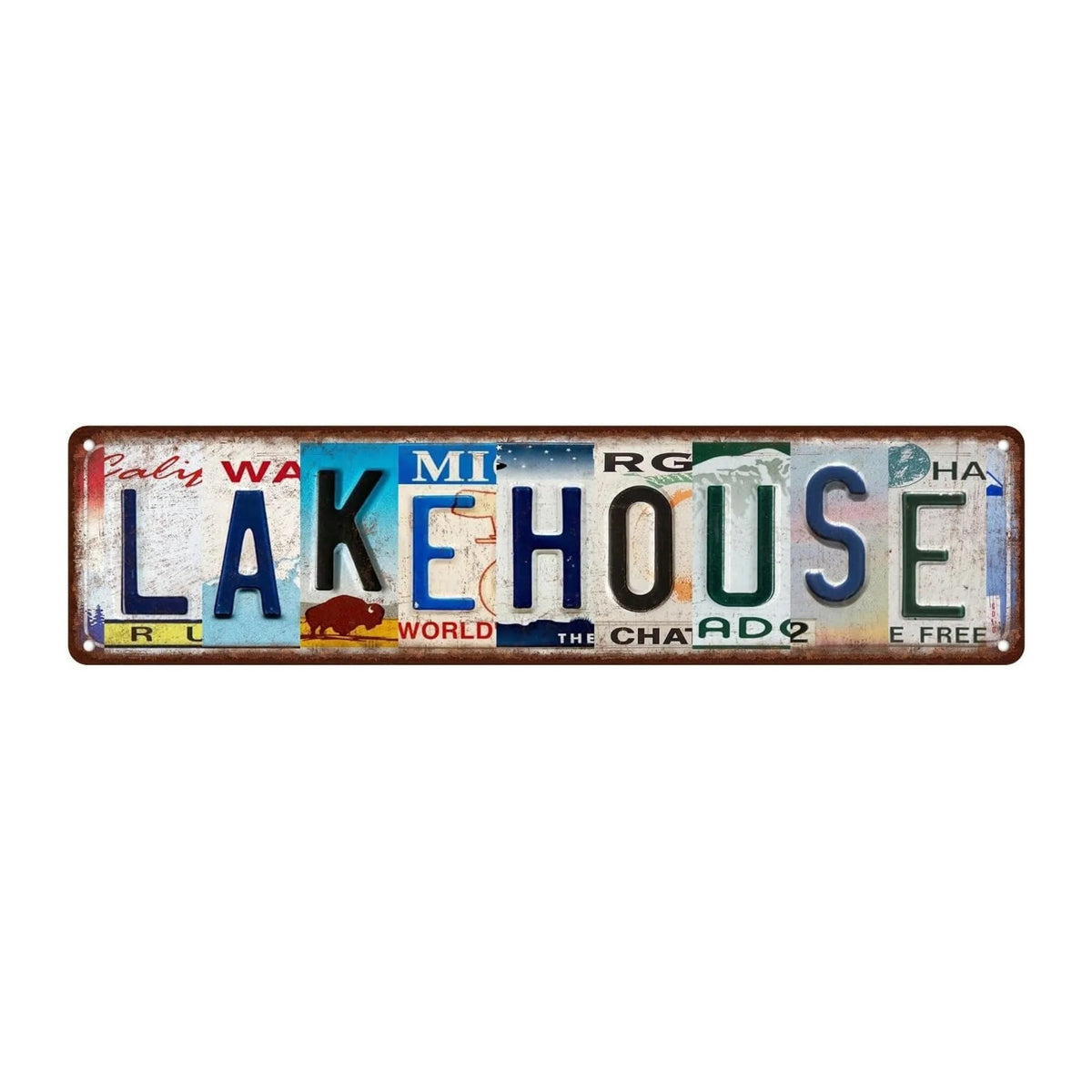 Vintage lowrider metal tin sign with the word LAKEHOUSE in distressed blue and green lettering