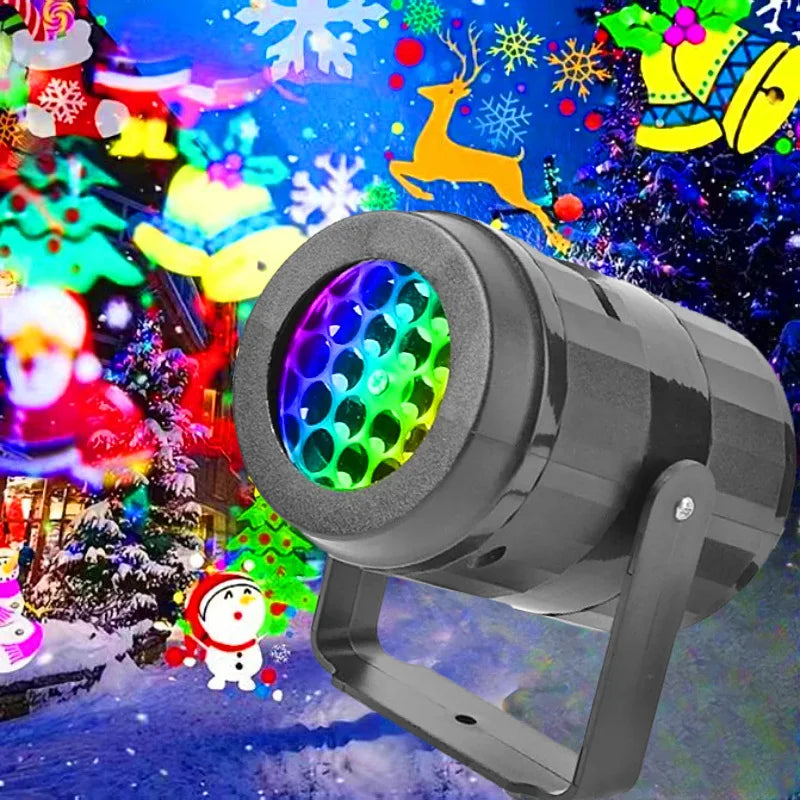 A black outdoor LED projector light with a colorful patterned lens is shown against a festive Christmas and Halloween backgro