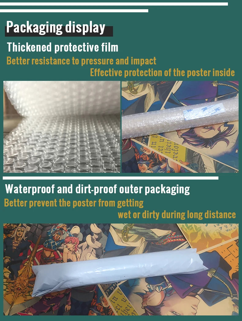 A close-up view of a movie poster protected by thickened protective film and waterproof/dirt-proof outer packaging.