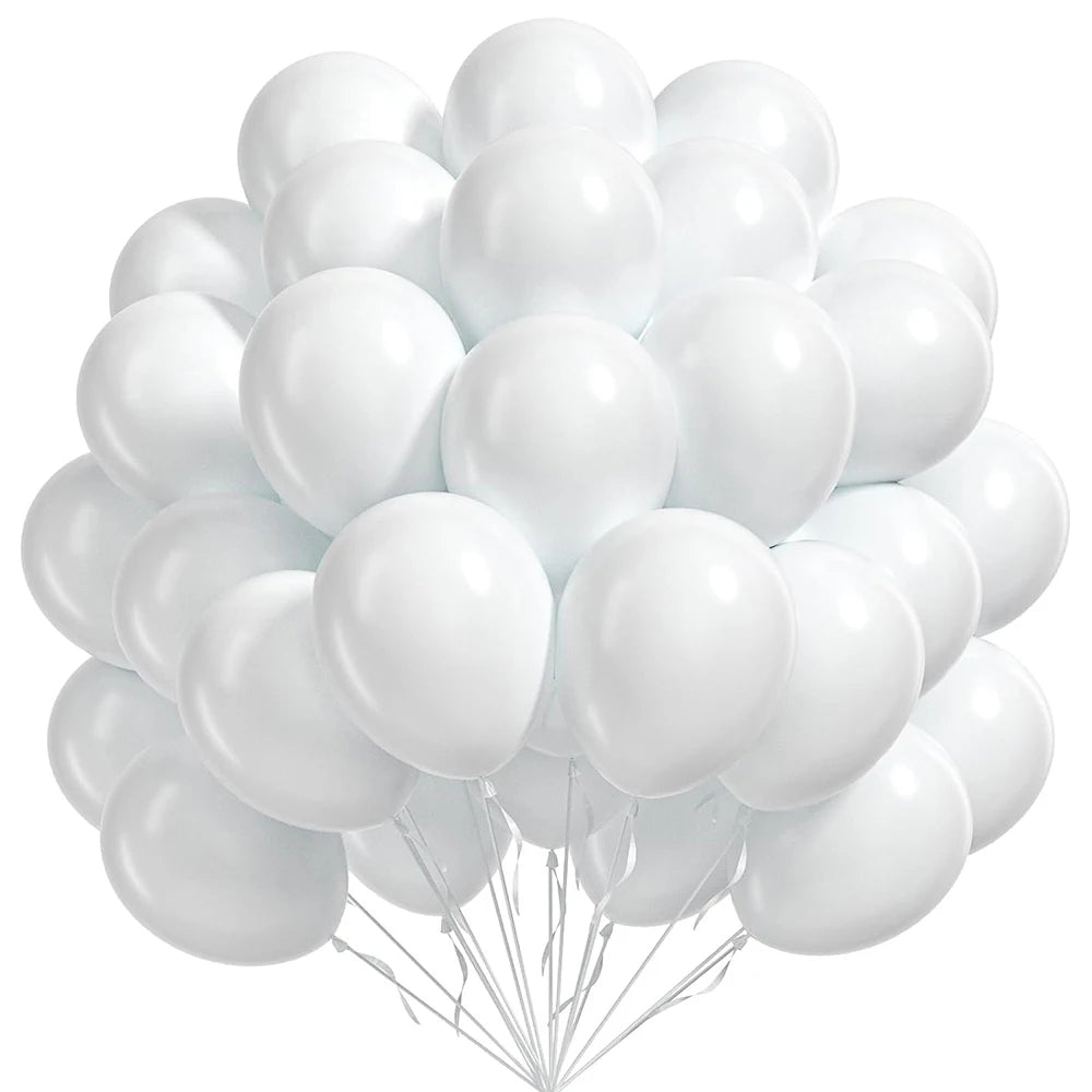 A bunch of white round latex balloons tied together with strings.