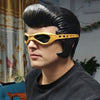 Un hombre con peinado mohawk negro y gafas de sol vintage doradas.
