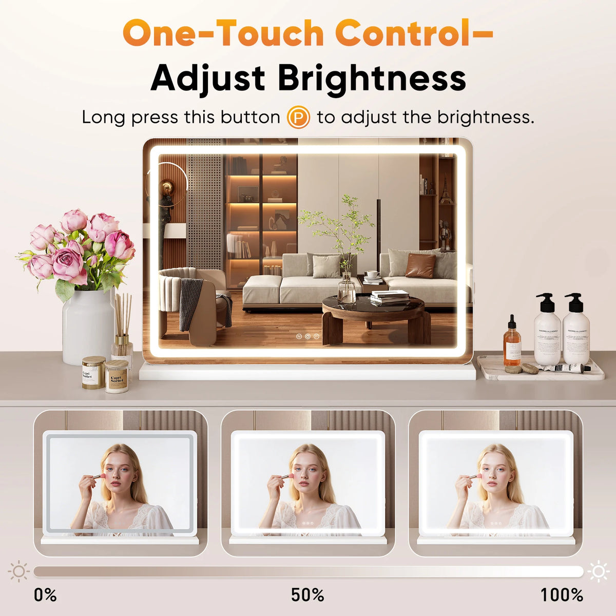 Dimmbarer LED-Schminkspiegel mit Helligkeitsstufen von 0% bis 100%