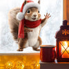 A fluffy brown squirrel wearing a red scarf is positioned in front of a window with glowing Christmas lights.