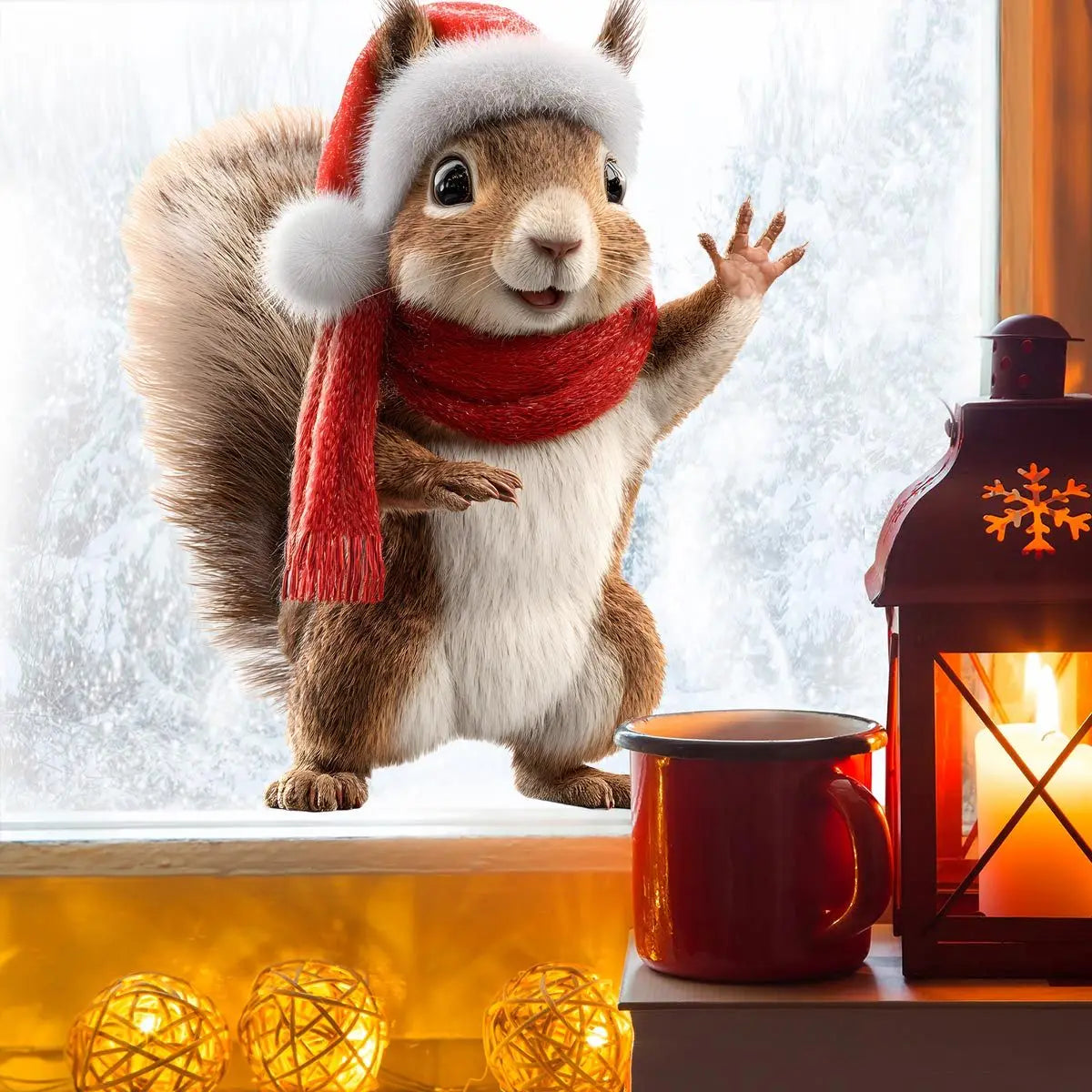 A fluffy brown squirrel wearing a red scarf is positioned in front of a window with glowing Christmas lights.