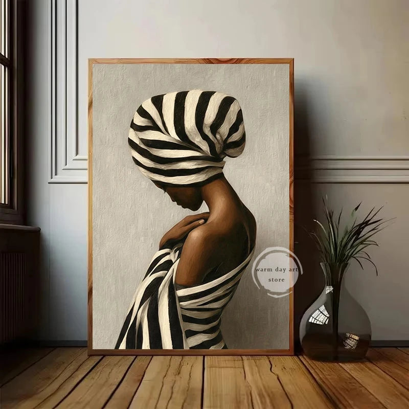 Abstract African Woman Canvas Art – Black & White Striped Print