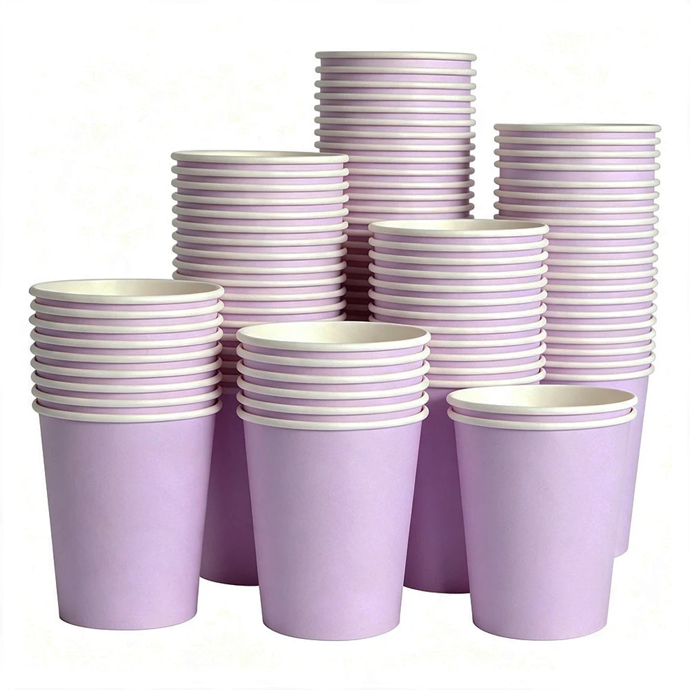 A stack of purple disposable paper cups for parties and events.