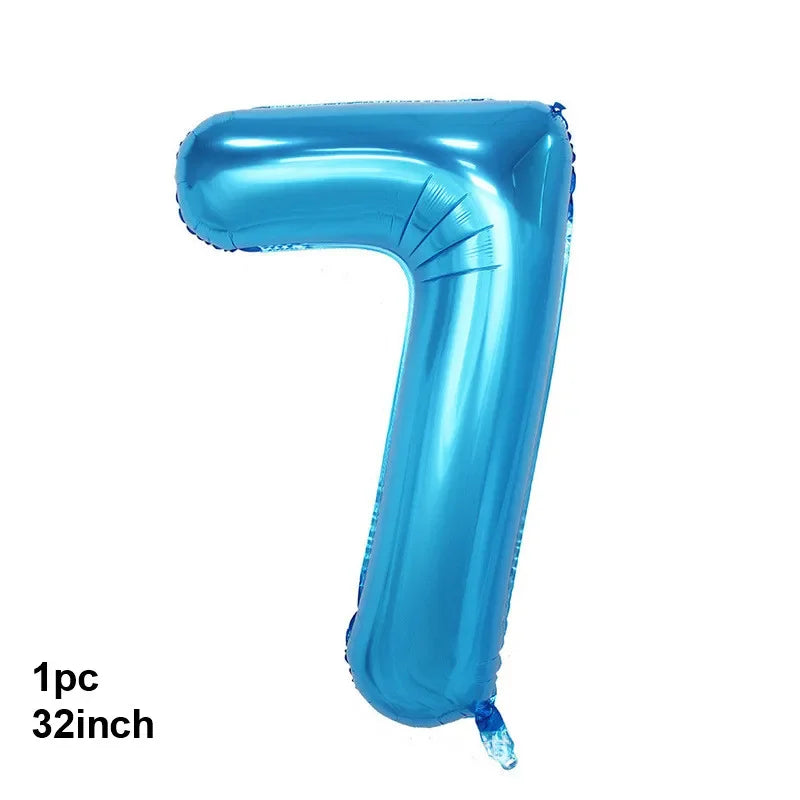 A single blue latex balloon shaped like the number 7, measuring 32 inches.