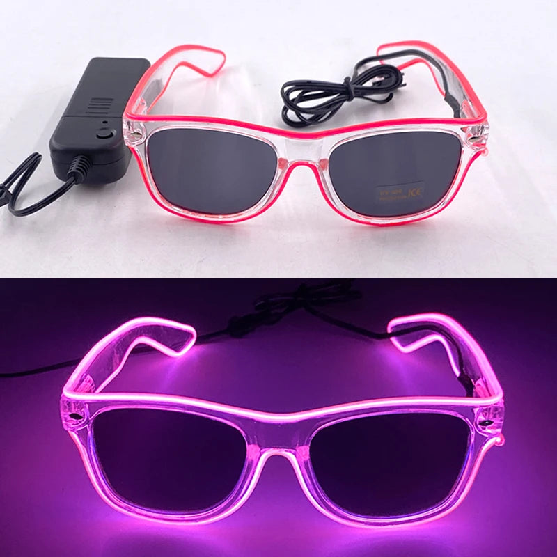 Pink LED wire party glasses with black lenses displayed against a purple background.