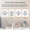 Five size options for a hanger frame showing how to choose the correct size based on print width