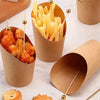 A collection of disposable kraft paper serving cups filled with french fries and fried food items.