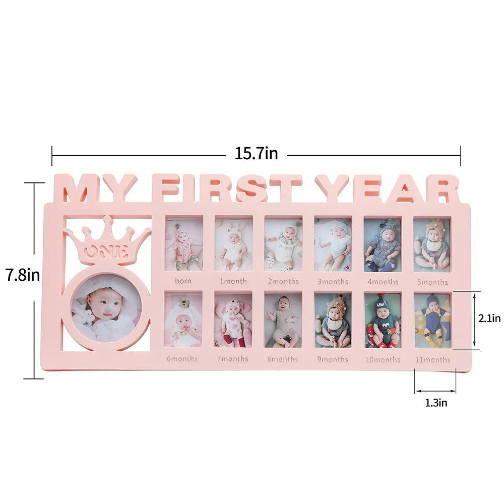A pink wooden photo frame display showing monthly growth photos for a baby's first year