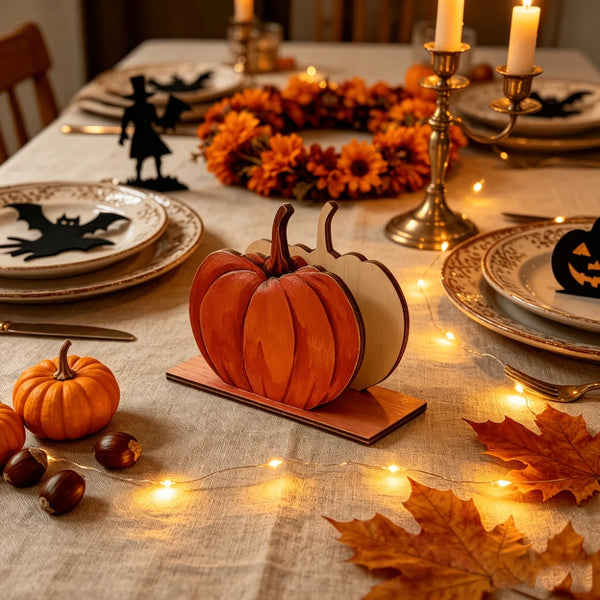 A wooden pumpkin napkin holder sits on a table decorated with autumn leaves and fall foliage.