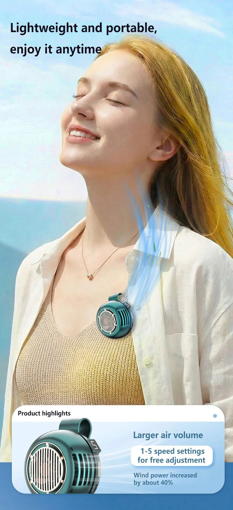 A young woman is smiling while wearing a portable, clip-on, bladeless cooling fan on her shirt.