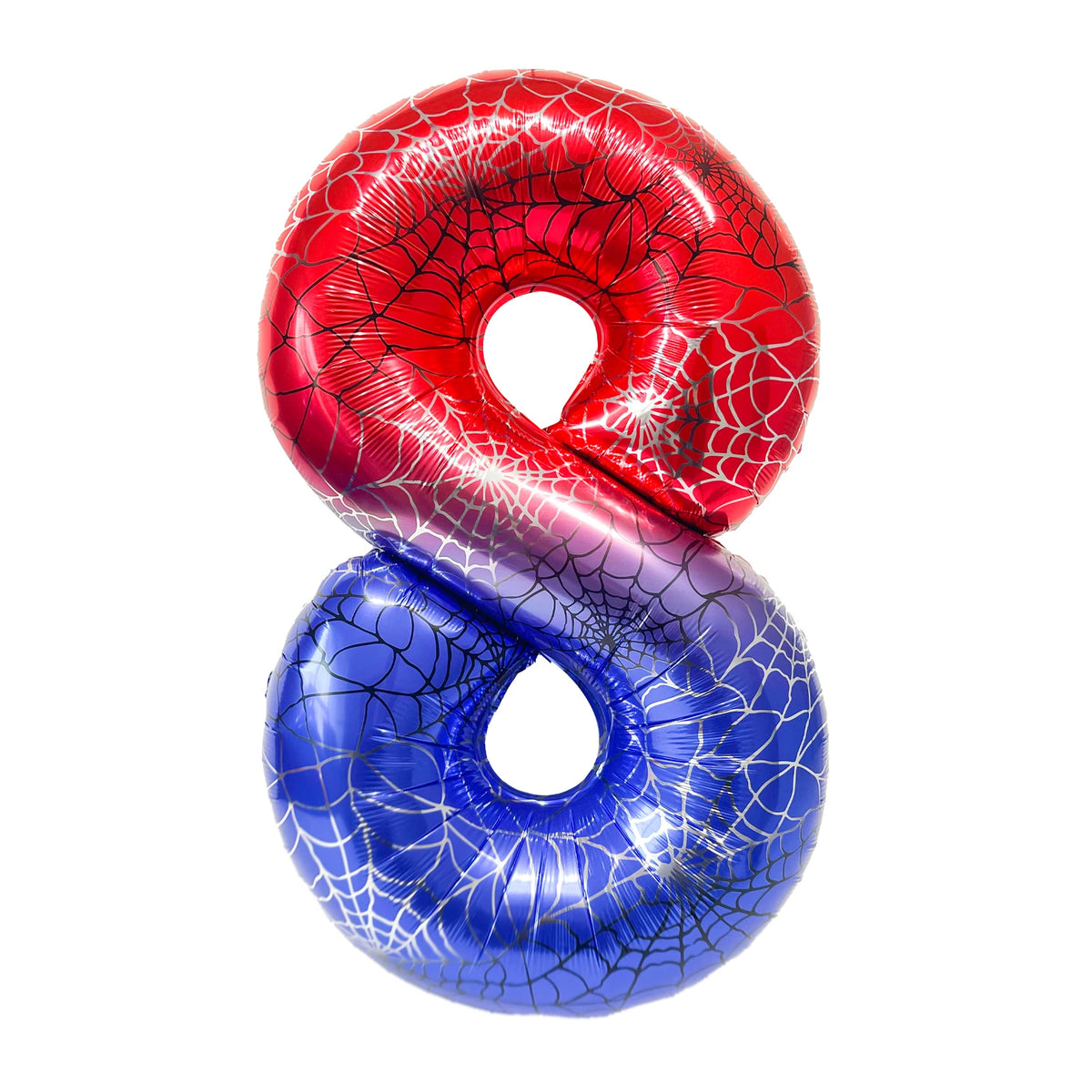 A foil balloon shaped like the number 8, featuring a spiderweb pattern in red and blue.