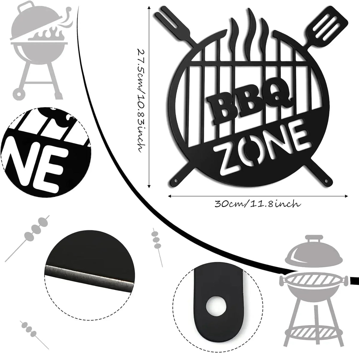 Black retro BBQ zone wall decor featuring a grill design and a silhouette of a cooking pot.