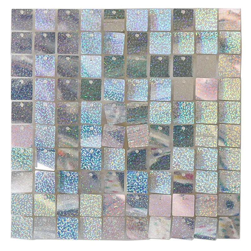 A grid of iridescent sequin shimmer wall panels used as a sparkling backdrop for celebrations.