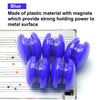 A set of ten blue plastic refrigerator magnets with magnetic backs displayed on a white surface.
