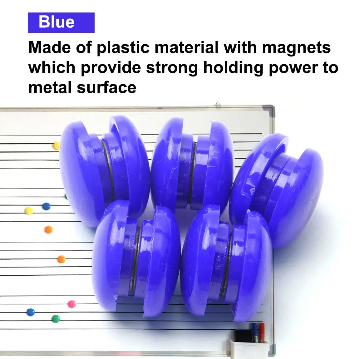 A set of ten blue plastic refrigerator magnets with magnetic backs displayed on a white surface.