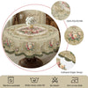 Vintage rose floral tablecloth displayed on a round table with various care instructions shown nearby.