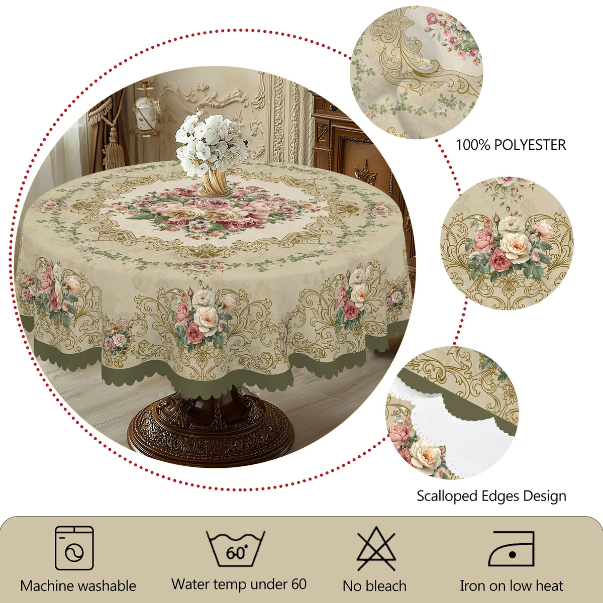 Vintage rose floral tablecloth displayed on a round table with various care instructions shown nearby.