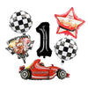 A set of birthday racing car party decorations including a star, balloons, and a red race car model.