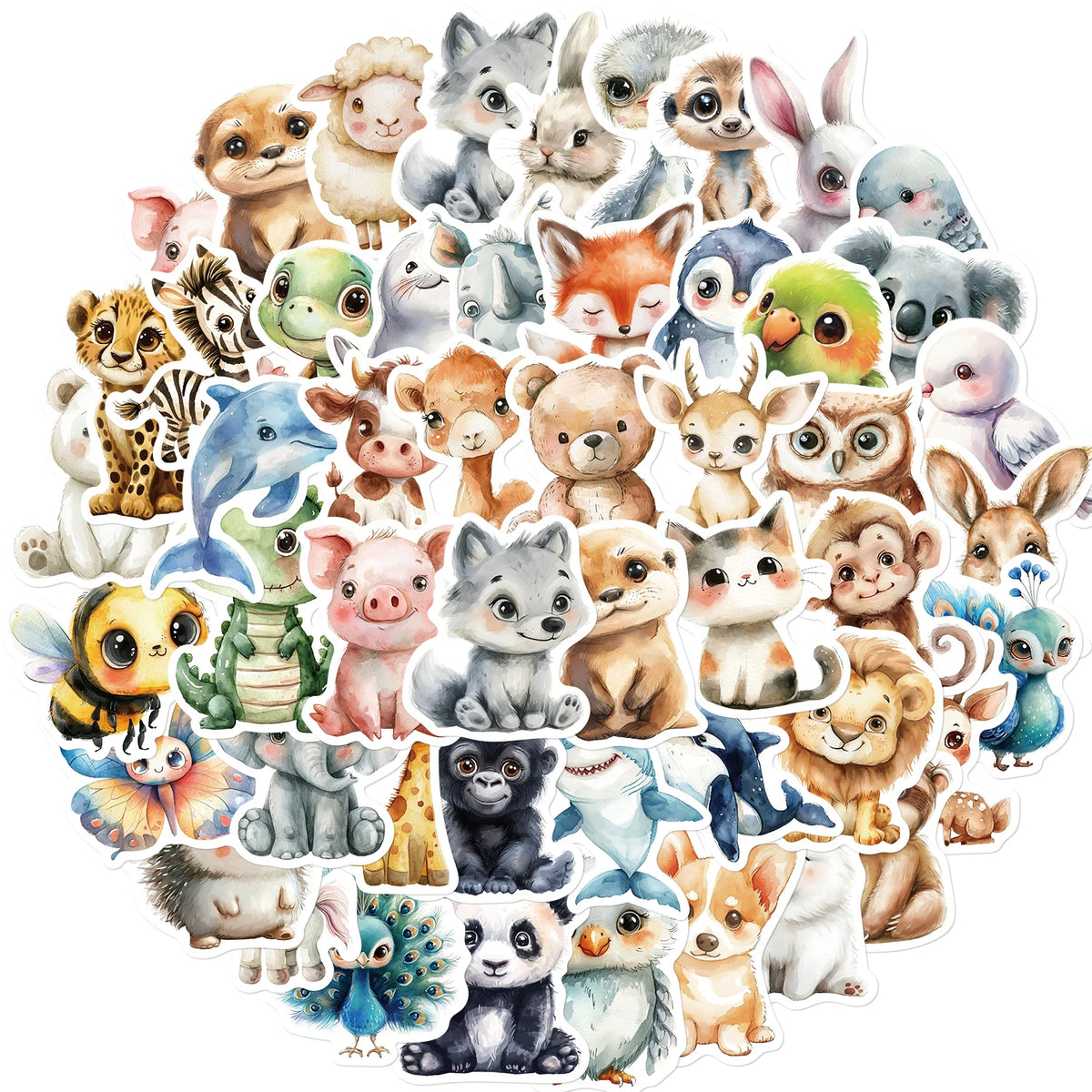 A collection of 50 watercolor animal stickers featuring various cute mammals, birds, and creatures.