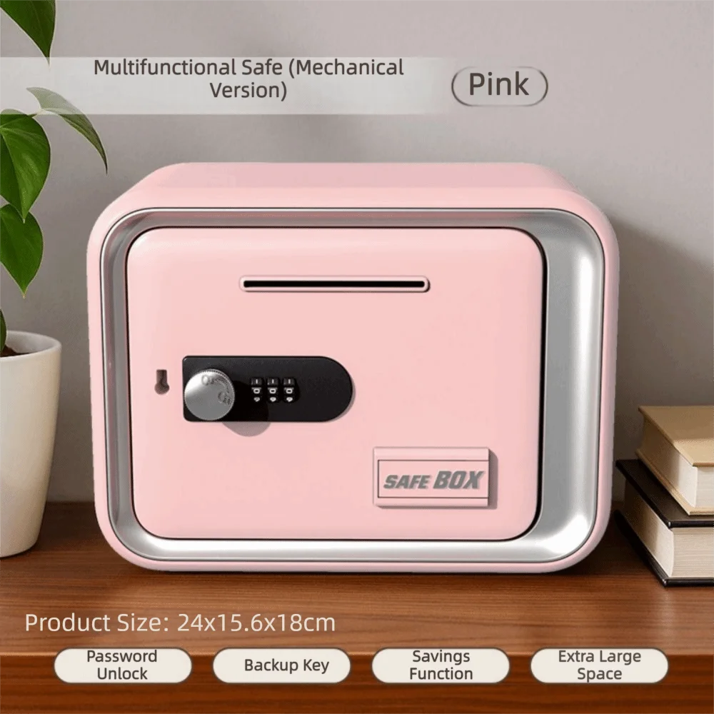 Pink multifunctional safe box with a digital lock and password feature shown on a wooden surface.