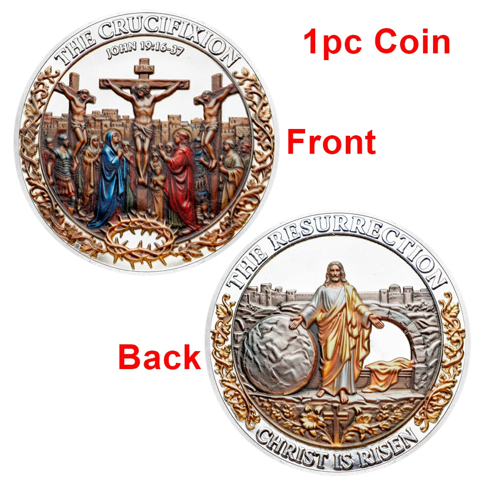 A commemorative coin showing the crucifixion on the front and Christ is risen on the back.